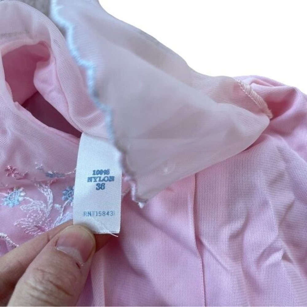 Vintage 60s Blouse Sleep Shirt Blush Pink Nylon Semi Sheer Top Floral Hems Sz 36 - Picture 7 of 11